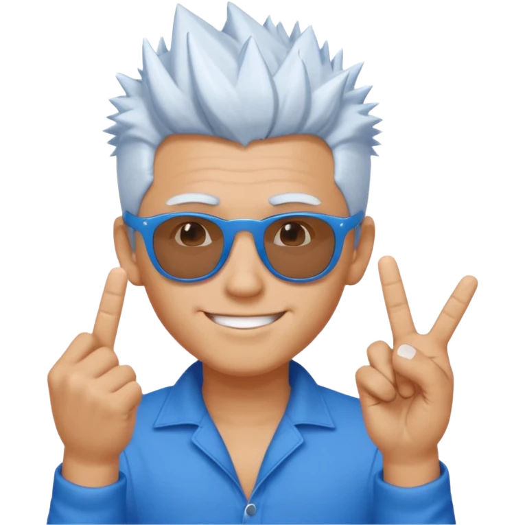 young man wearing, blue sunglasses, spikey white hair, one hand two finger crossed emoji