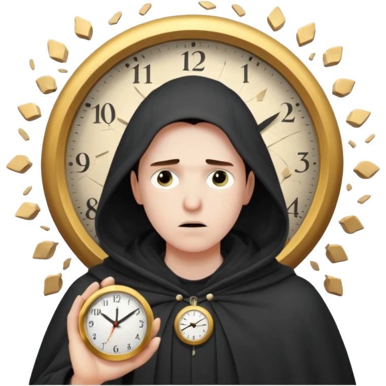 Character standing calm while clock fragments explode past, cloak barely moving emoji