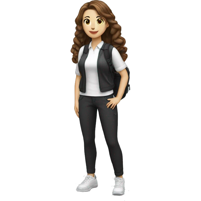 woman white skin mid length hairstyle with back pack white shirt black pants full body emoji