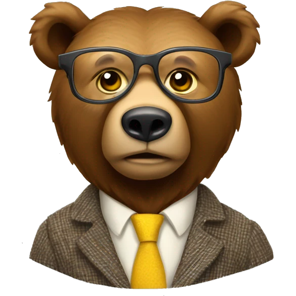 Brown bear animal as a university professor wearing tweed suit and clear yellow plastic thick-rimmed glasses emoji
