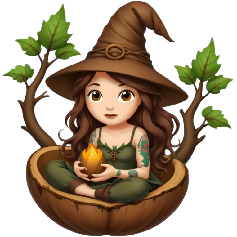 cute forest witch woman long wavy brown hair tattoos sitting inside acorn emoji