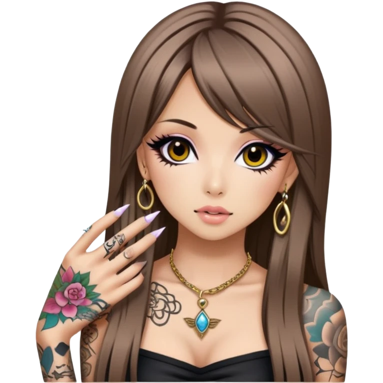 hime gyaru girl, long straight brunette hair, tattoos, dark makeup,  emoji