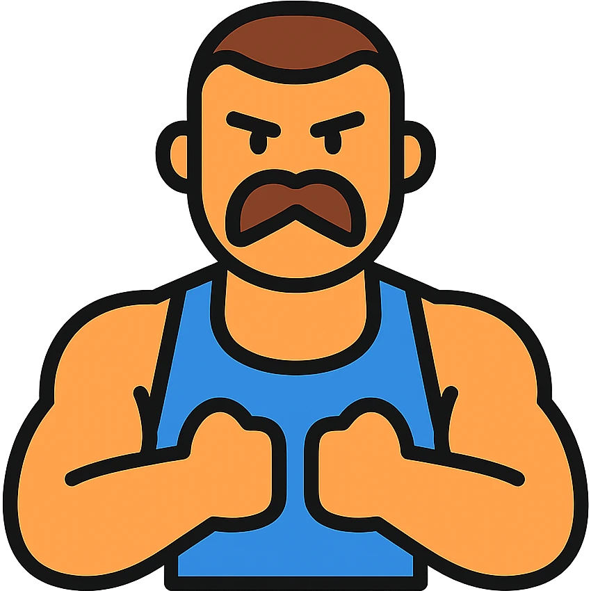 icon vpn app, call warrior, muscular man, buzz cut and Handlebar moustache in the style of an icon emoji