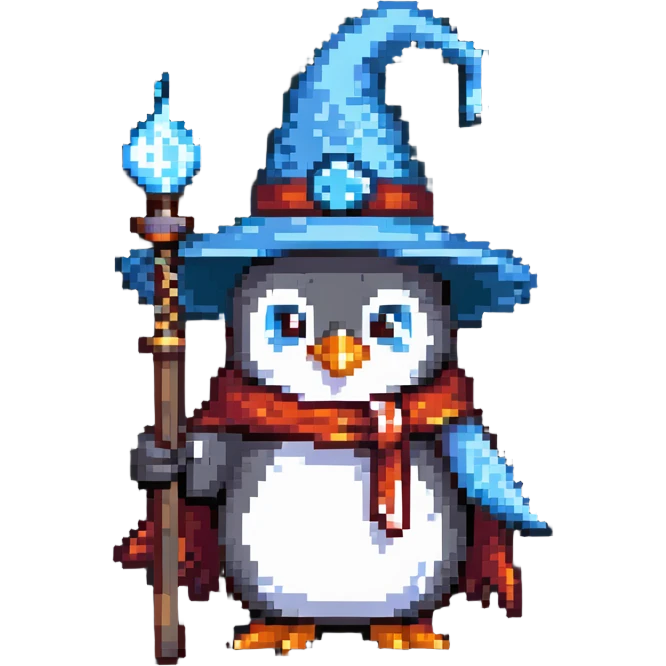 penguin wizard with a pointy hat and magic staff emoji