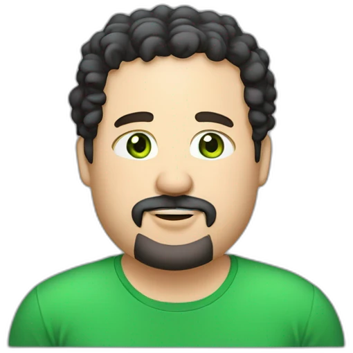 chubby Caucasian man, looking 42 years old, short black curly hair, green eyes, black goatee around the mouth meeting the beard in the shape of a rounded rectangle, medium lips, smiling emoji