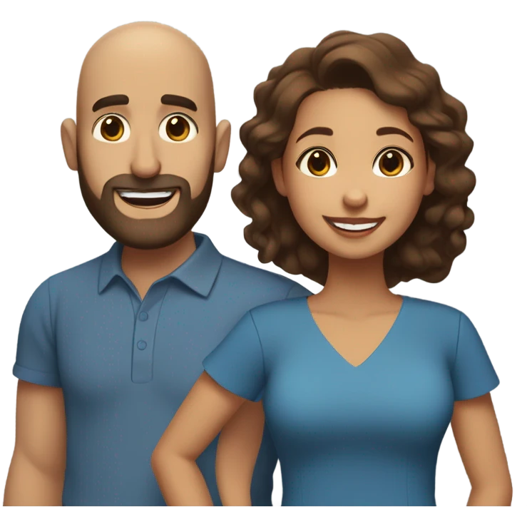 Brown-haired Puerto Rican woman with dark brown eyes wearing a cute blue blouse giving comforting hug to short, bald man with brown eyes, laugh lines, and a beard emoji
