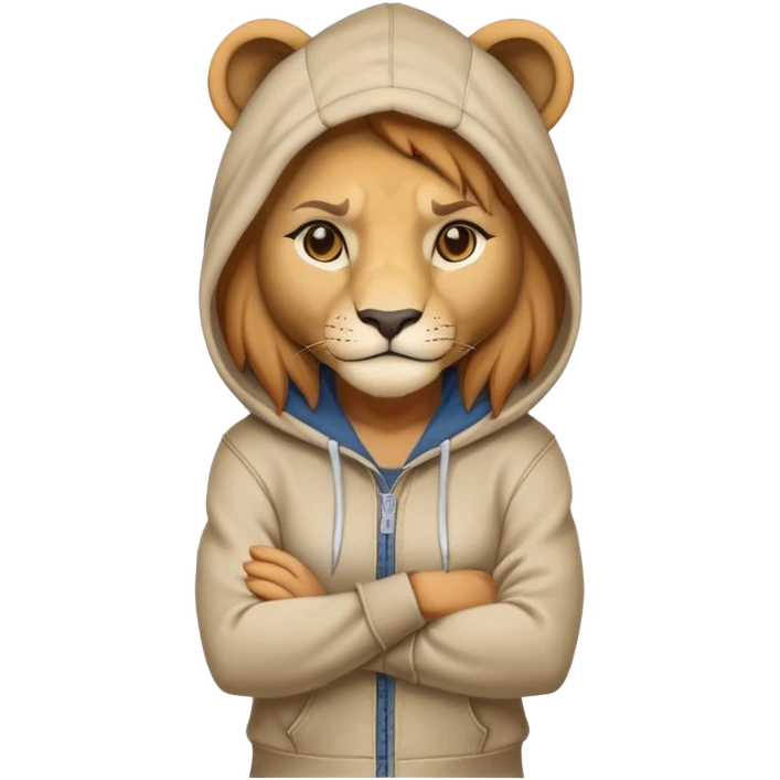 determined anthropomorphised female lion in a hoodie and jeans with arms folded, confident stance emoji