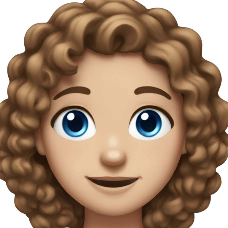 White girl, blue eyes, brown curly hair, big smil emoji