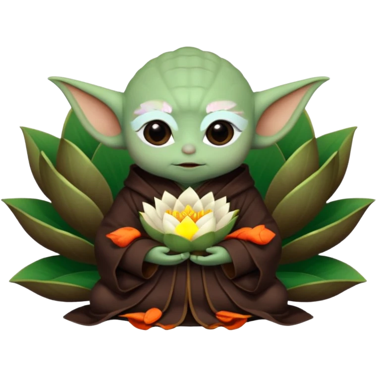 Baby Yoda con su tunica chocolate oscuro sentado dentro de una flor de loto estilo chino emoji