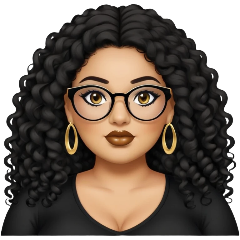 big plus size, latina, darker tan skin, long black curly hair, baddie,pretty, makeup, lipliner, black eyeliner, long hair, small gold earrings, black top, black glasses emoji