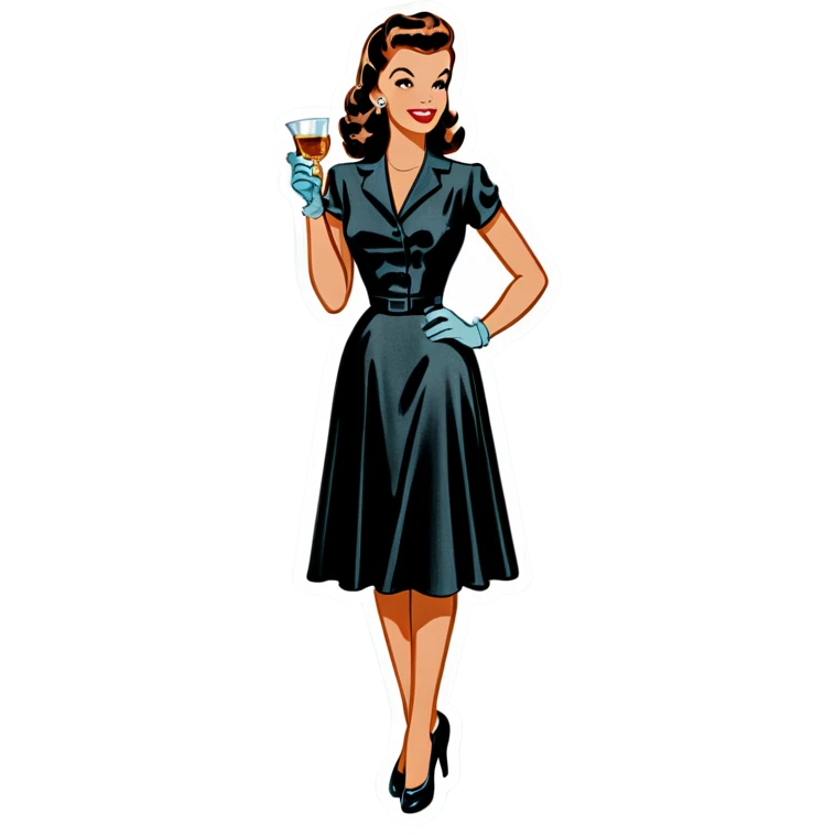 Beautiful woman in 1950’s woman fashion look, black shimmery dress, long dark brown hair, whisky with ice emoji