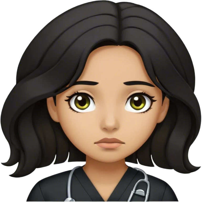 Latina girl with dark long hair in a claw clip and dark eyes and olive skin wearing black scubs and tired emoji