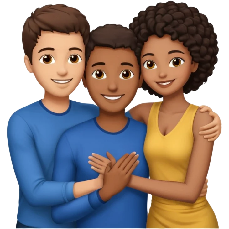  middle Eastern man with short brown hairwith two black african women both are African one is medium tone skin black and one is medium tone black with african hair styles. and they are all smiling and putting their arms around each other and kissing sexually  emoji