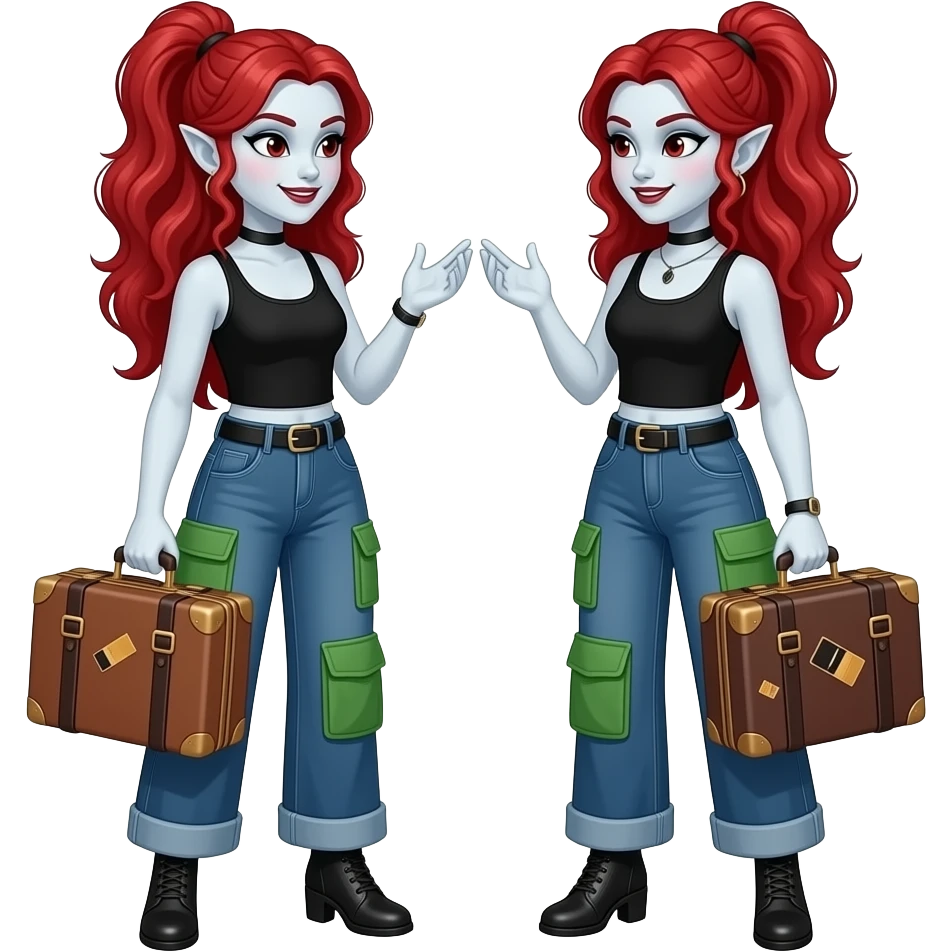 Vampiro femmina con pelle bianca e capelli rosso ondulati lunghi raccolti in una coda che indossa  dentro jeans larghi con 4 tasche verdi, un top-canottiera nero e degli anfibi corti neri e che tiene in mano una valigia e sta chiacchierando con la sua amica VAMPIRO che tiene anche lei una valigia emoji