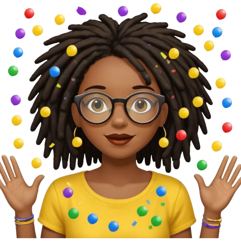 Black female with dark dreadlock hair wearing large round glasses and a yellow top celebrating with confetti emoji