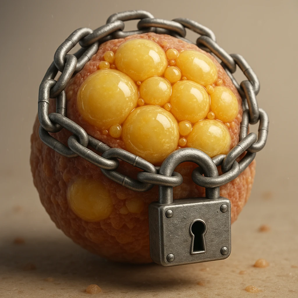 adipocyte with visible lipid droplets locked by chains and padlock, hyper realistic 4K, microscopic details, neutral background emoji