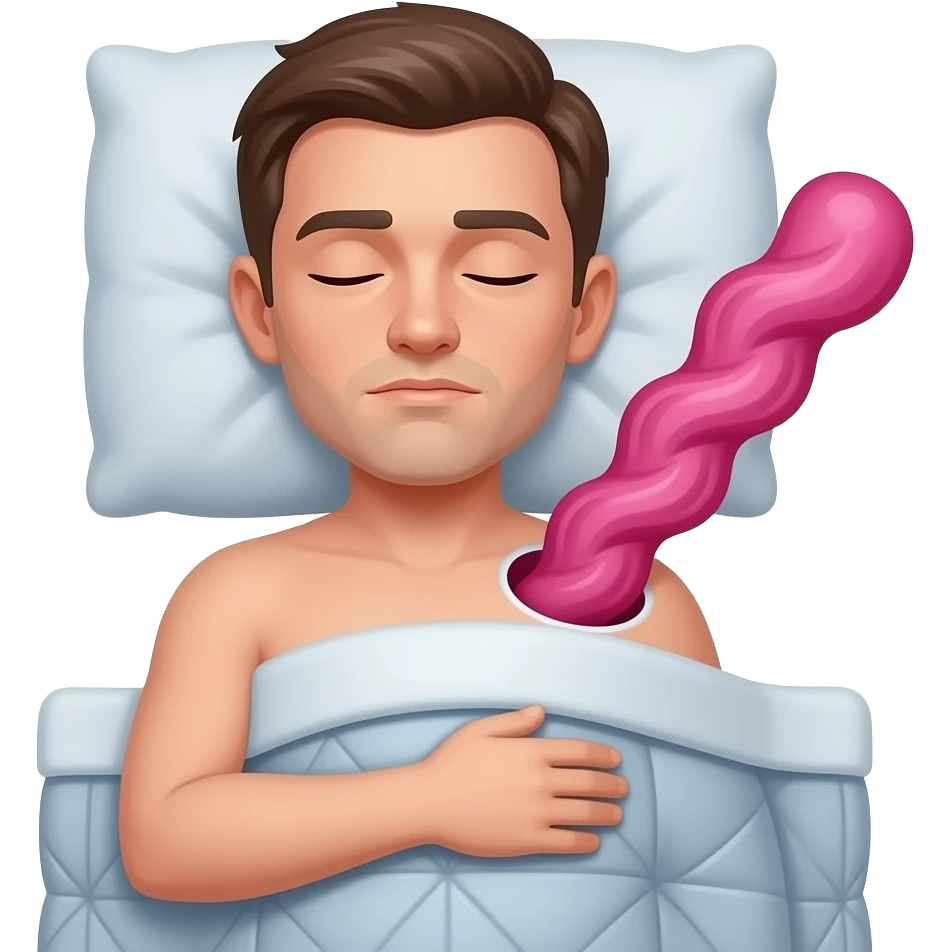 A man sleeping with a pink wrinkled stick coming out his blanket covered with human skin emoji