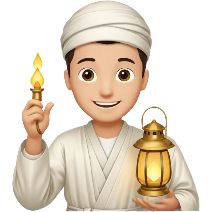 Young man with a happy smile, wearing a traditional white thobe and holding a lantern. emoji