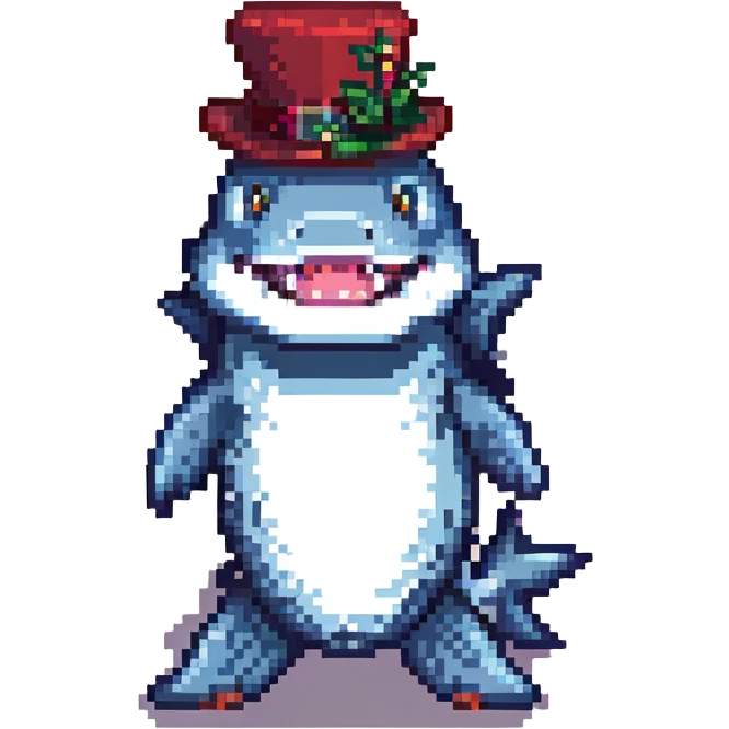 pixel art shark with a fancy tophat, simple shading emoji