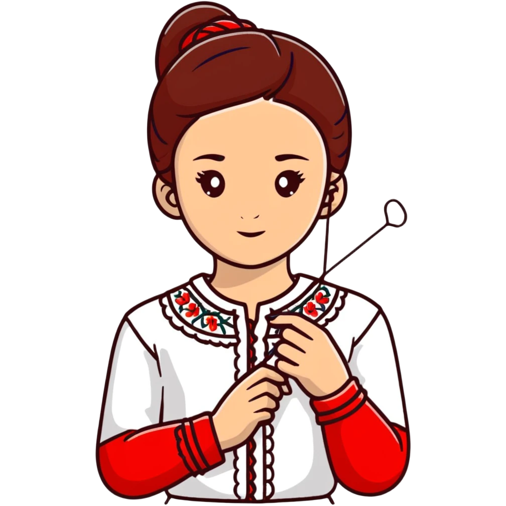 A young Ukrainian girl in a white embroidered shirt holds a red thread and a needle in her hand emoji