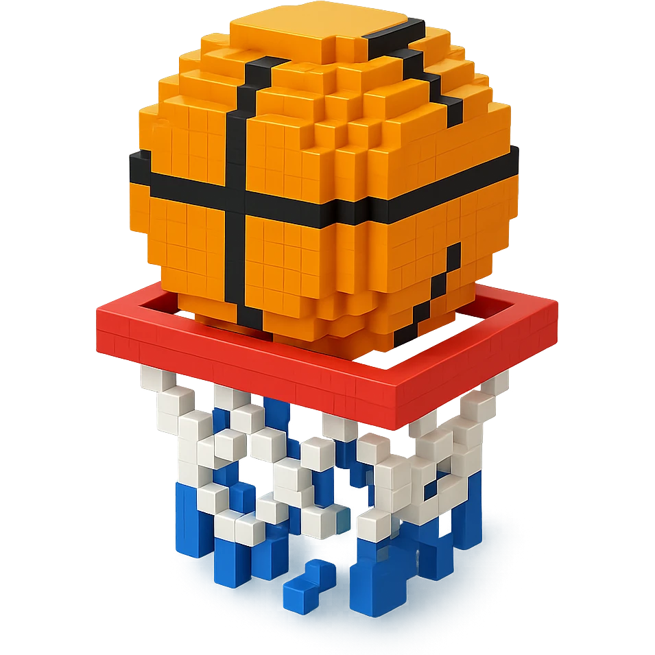 A voxel-style basketball in a net, simple and clear emoji