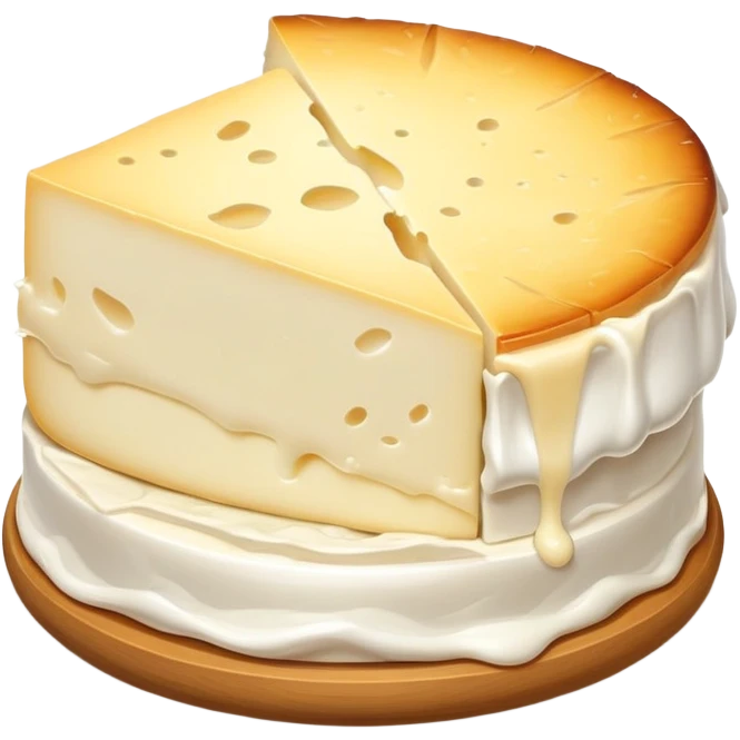 cinematic-realistic-brie-cheese-emoji,-featuring-a-creamy gooey center,-soft-ripened-cheese-with-a-delicate white rind-rendered-with-lifelike-detail-and-inviting,-natural-lightingwith a slide showing the gooey center emoji