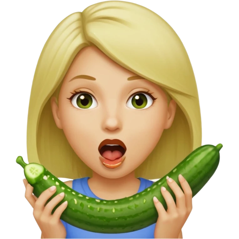 Girl mouth open. Cucumber going into her mouth straight up and down. dirty blonde hair emoji