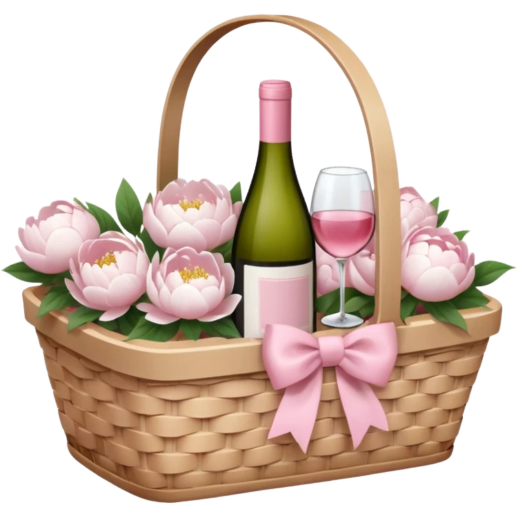 White Picnic basket with light pink bow and white peonies and a pink wine bottle inside emoji