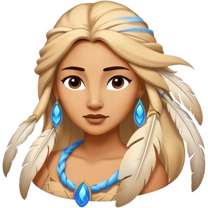Cinematic Elegant Pocahontas Portrait Emoji, Standing serenely with a blue wind swirl around her, soft feathers in her hair, a tranquil yet powerful gaze, beauty beyond time, an ethereal aura of connection with nature, regal and enchanting! emoji