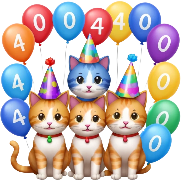 six cats at a 40th birthday party, festive decorations, balloons with '40', emoji style emoji