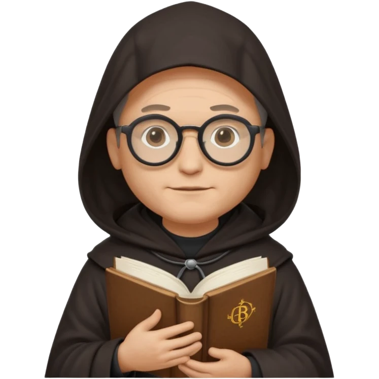 Monk priest prayer black habit with hood round black glasses done light brown wavy hair under hood remove the medallion smaller more round glassed age 46 no necklace more oval face hand holding book that says RB 480 emoji