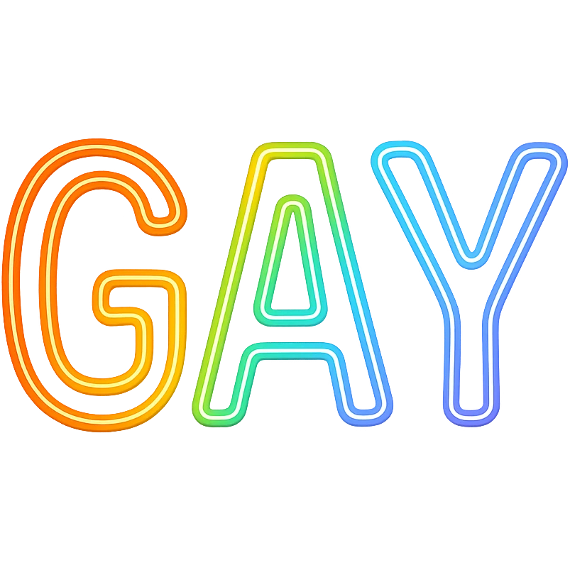 the word GAY in a neon sign style with rainbow glow emoji
