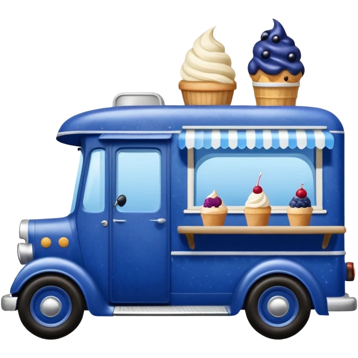 shiny-dark-blue crystal-bodied frozen blueberry muffin, pie, and ice cream float, antique long-wheelbase cab over durable-looking food truck  emoji