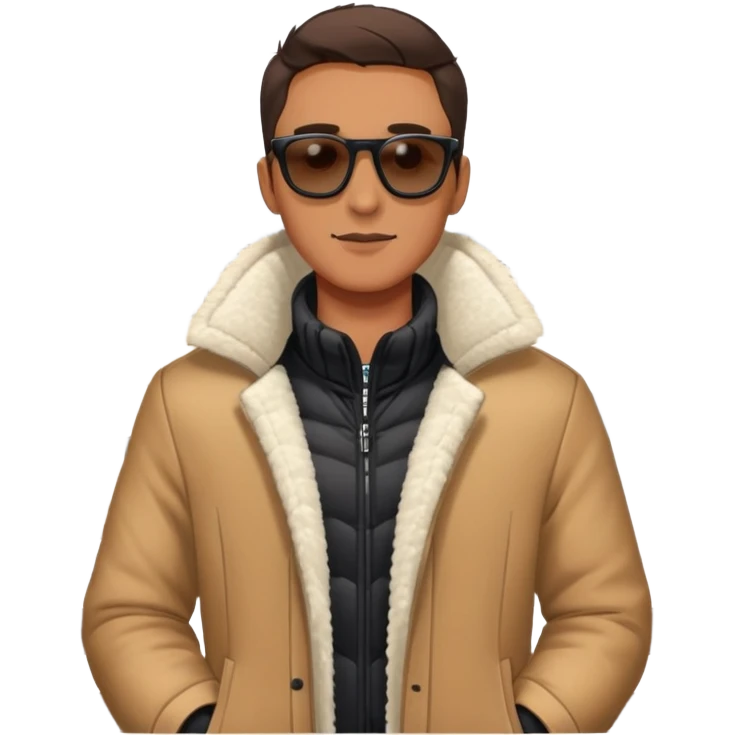 guy on balcony in winter with open jacket and sunglasses emoji