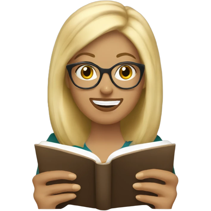 a blonde, 40 year old librarian, reading a book with an iced coffee emoji