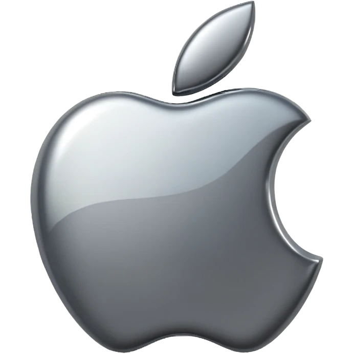 Metallic Apple logo emoji icon, chrome surface, sharp reflections, dark background, centered emoji
