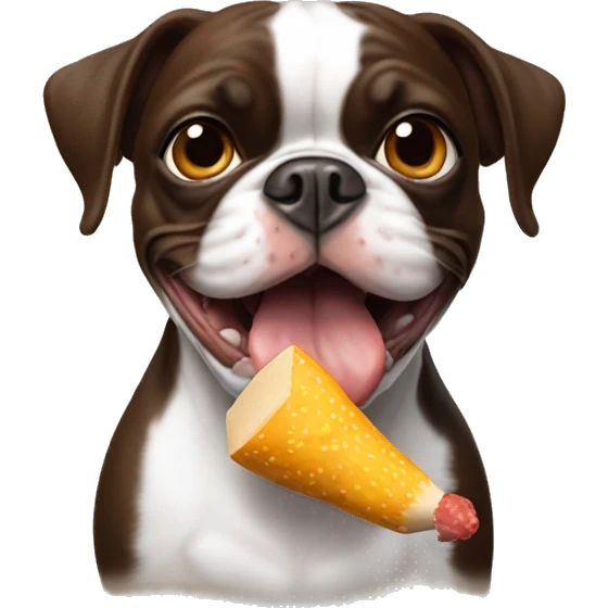 Brown and white Boston terrier with rubber chicken in mouth emoji
