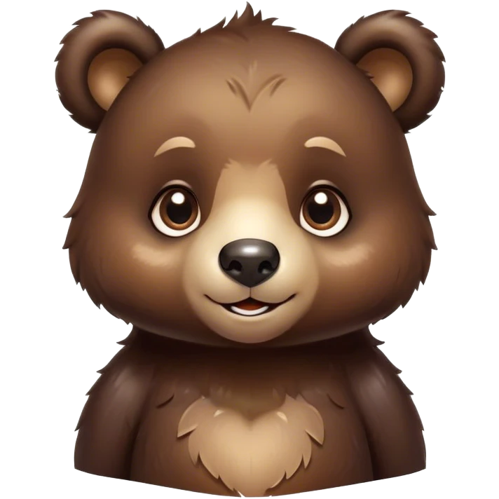 Cinematic Cute bear cub Portrait Emoji, Head tilted playfully and inquisitively, featuring a glossy dark brown fur with a natural sheen and round, sparkling eyes filled with gentle curiosity, Simplified yet irresistibly adorable features, highly detailed, glowing with a warm, friendly glow, high shine, affectionate and mighty, stylized with a touch of woodland whimsy, bright and endearing, soft glowing outline, capturing the essence of a mischievous yet loving bear cub, so playful it feels like it could amble out of the screen and into your arms! emoji
