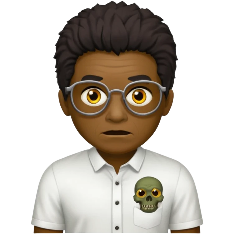 Um garoto zombie de cabelo castanho escuro, quase preto, com um cabelo médio, com olhos castanhos esverdeados, de camisa branca, com óculos redondo emoji