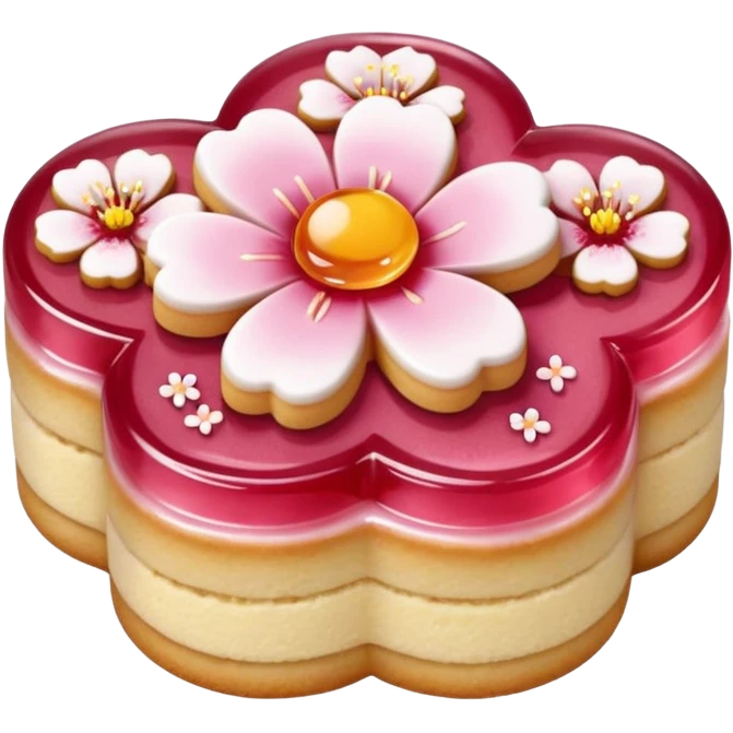 Realistic shortbread cookie in the shape of a cherry blossom with pale pink color jelly middle filling and sprinkled powder sugar on top. emoji