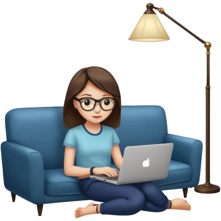 A girl is working with a laptop while lying on a sofa, with a floor lamp to the right. emoji
