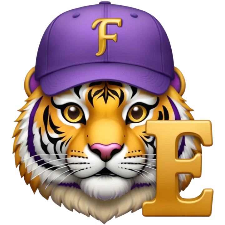 Purple and gold tiger with baseball hat on with letter F  emoji