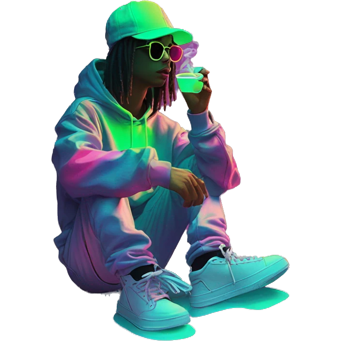 Multicoloured neon person smoking wearing hoodie dancing hip hop bucket hat tropical Skater fashion aesthetic baggy clothes graphic t shirt 420 emoji