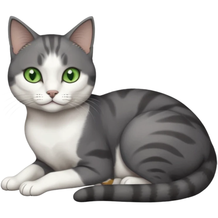 full body tiny short hair dark grey and white cat with white front legs and green eyes lying down emoji