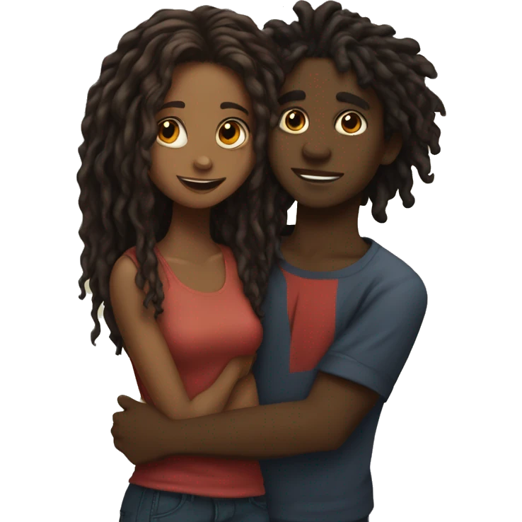 Brown girl with wavy hair hugging black boy who has dreads  emoji