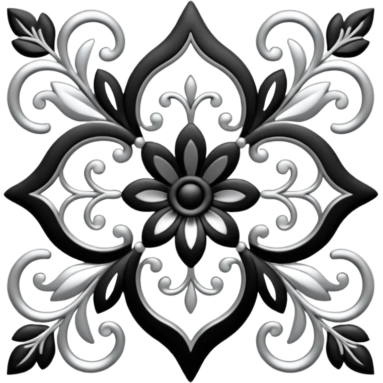 Black and silver floral filigree design, 3D, extremely detailed design emoji
