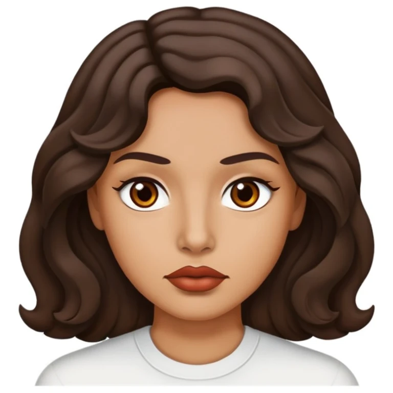 persona de piel canela, con labios carnosos, ojos marrones oscuros, cabello medianamente largo ondulado con expresion seria emoji