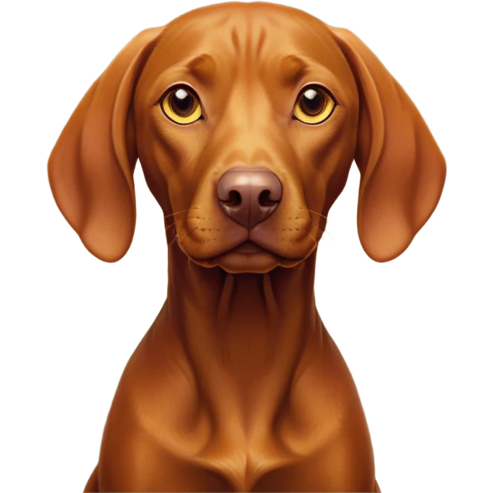 Cinematic Noble Vizsla Portrait Emoji, Poised and regal, with a sleek, athletic build and a short, smooth Fur of rust and gold, deep-set soulful amber eyes, Simplified yet sharp and sophisticated features, highly detailed, glowing with a soft, dignified glow, high shine, intelligent and agile, stylized with an air of determination, focused and attentive, soft glowing outline, capturing the essence of a watchful and confident companion, so majestic it feels as though it could sprint out of the screen with effortless authority! emoji