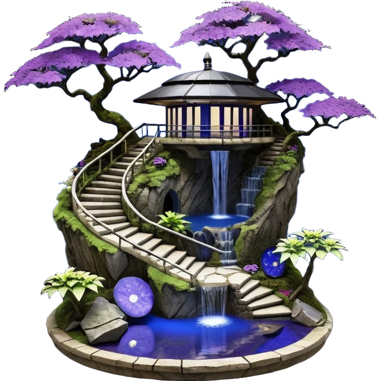 Crashed Alien saucer poolhouse jungle winding narrow stairway fountain lakeside mountainside -island getaway nighttime landscape antique mudman very old broken cracked intricate Stone Age lapis-crusted irregular dodecagon-shaped shallow dark moss rough bark violet serissa flowered maple tree bonsai emoji