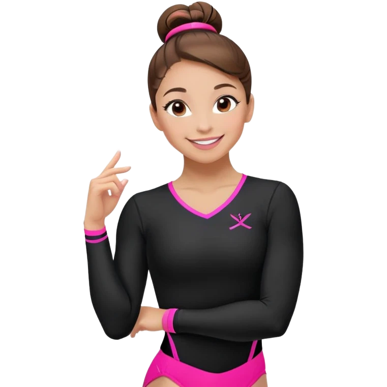 Happy female gymnast with brown hair in a neat bun, wearing a black uniform with neon pink elements. emoji